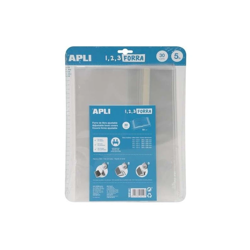 Apli Lot de 5 protège-livres 300 mm en polypropylène 75 microns - Rabat auto-ajustable - Doublure facile en 3 étapes - Pas