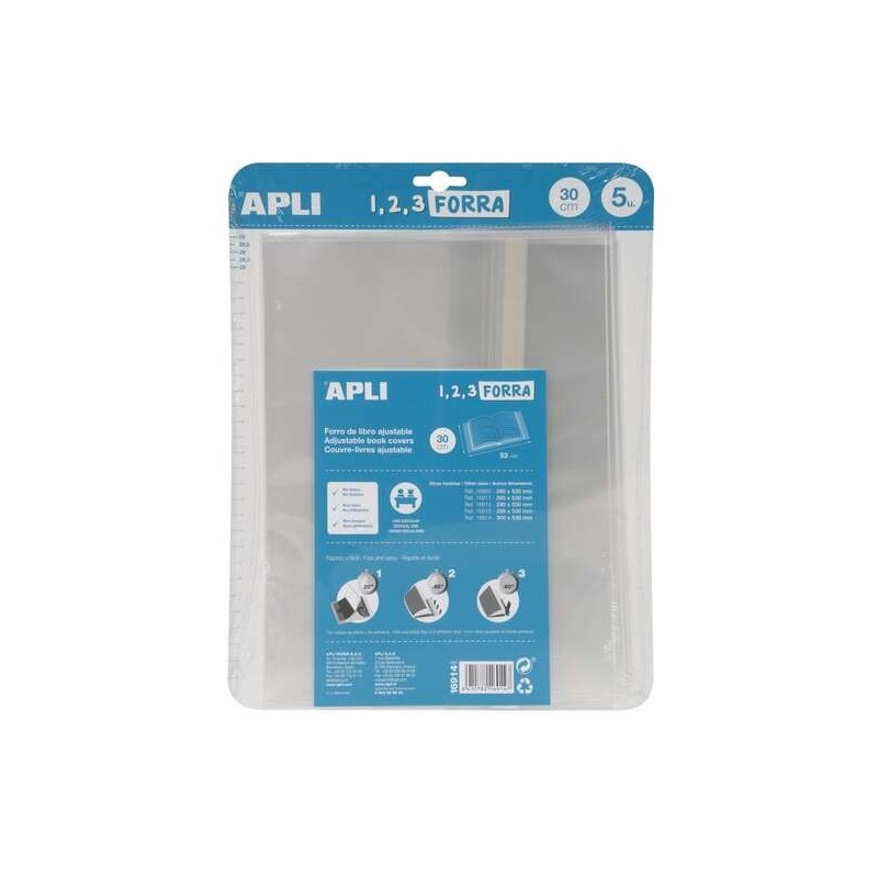 Apli Pacote de 5 Capas para Livros 300mm Fabricadas em Polipropileno de 75 mícrons - Aba Autoajustável - Forro Fácil em 3