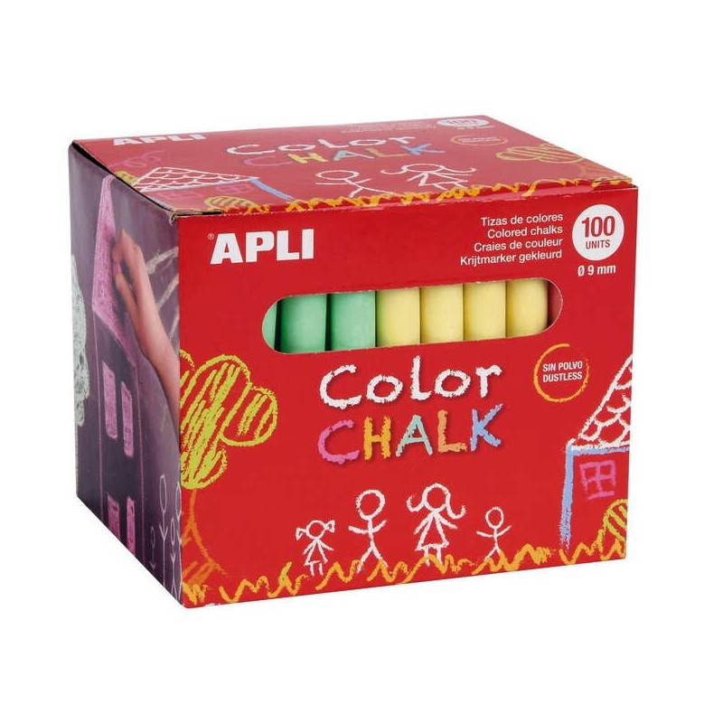 Apli Pack de 100 Tizas Redondas de Colores Surtidos Ø 9 x 80mm - Sin Polvo - Ideales para Escribir, Dibujar y Colorear en