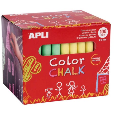 Apli Pack de 100 Tizas Redondas de Colores Surtidos Ø 9 x 80mm - Sin Polvo - Ideales para Escribir, Dibujar y Colorear en
