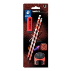 Staedtler Norix Pack de 2 crayons graphite HB + gomme + taille-crayon - Bois noir - Design intelligent