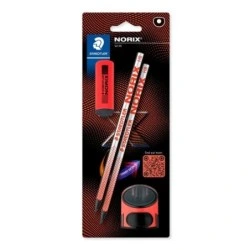 Staedtler Norix Pacote de 2 Lápis de Grafite HB + Borracha + Apontador - Madeira Preta - Design Inteligente