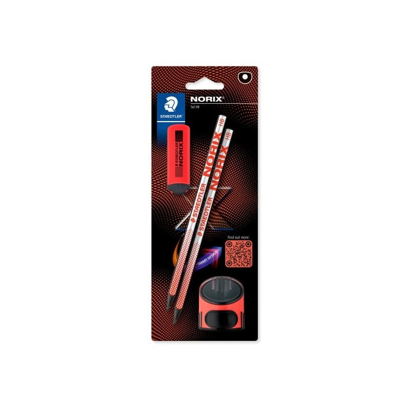 Staedtler Norix Pack de 2 crayons graphite HB + gomme + taille-crayon - Bois noir - Design intelligent