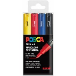 Posca PC1M Pack de 4 Marcadores de Pintura - Punta Conica 0.7mm - Tinta Base al Agua - No Permanente - Resistente a la Luz