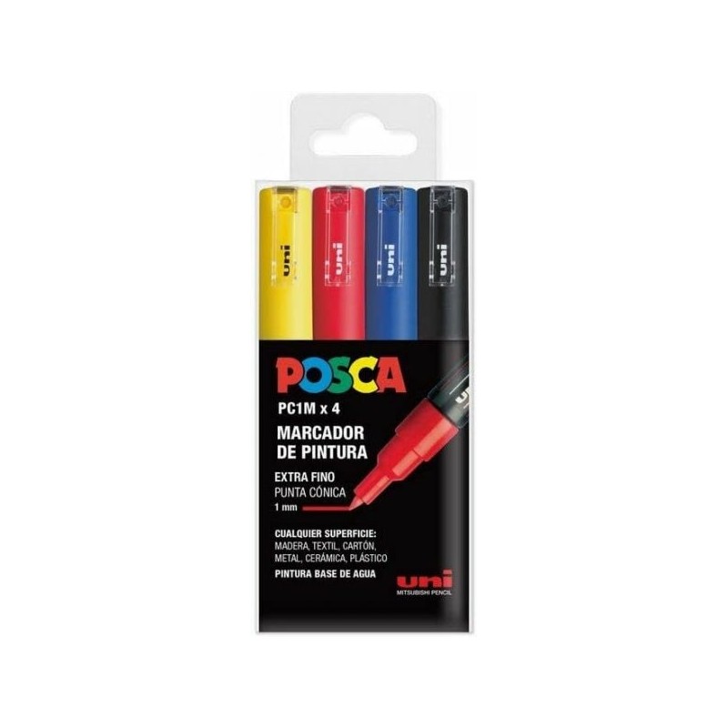 Posca PC1M Pacote de 4 marcadores de tinta - Ponta cônica de 0,7 mm - Tinta à base de água - Não permanente - Resistente à luz