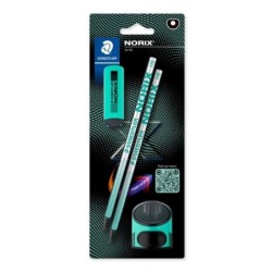 Staedtler Norix Pack of 2 HB Graphite Pencils + Eraser + Sharpener - Black Wood - Smart Design