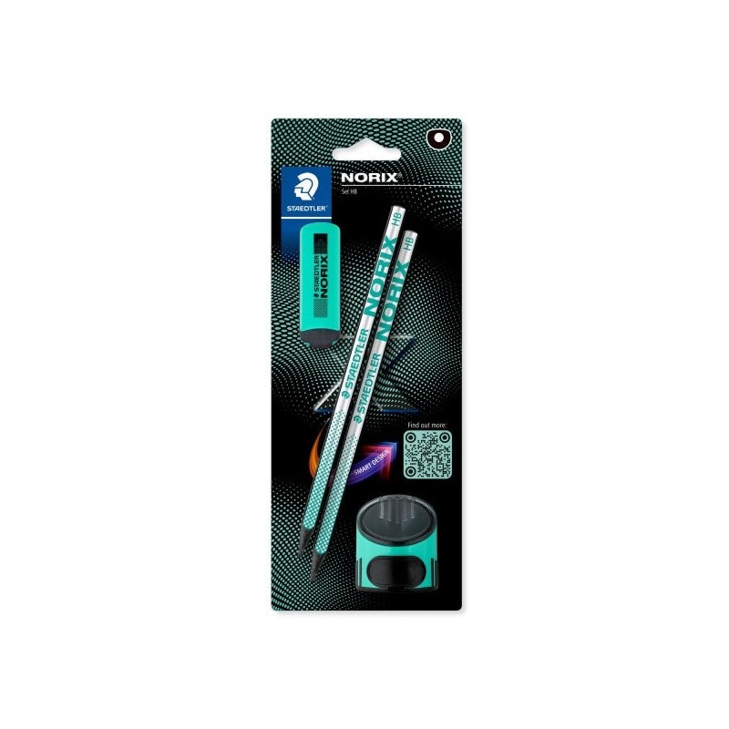 Staedtler Norix Pacote de 2 Lápis de Grafite HB + Borracha + Apontador - Madeira Preta - Design Inteligente