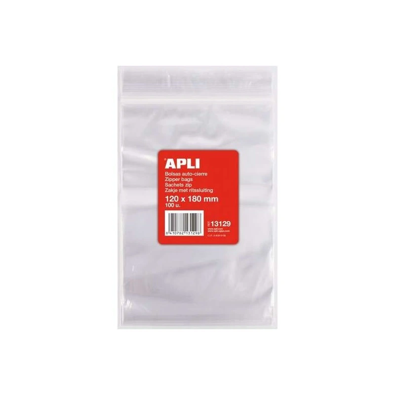 Apli Pack de 100 Bolsas de Auto Cierre 120 x 180 mm - Cierre Seguro - Aptas para Alimentos