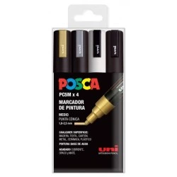 Posca PC-5M Pack de 4 Marcadores de Pintura - Punta de Bala 1.8-2.5mm - Tinta Base al Agua - No Permanente - Resistente a la