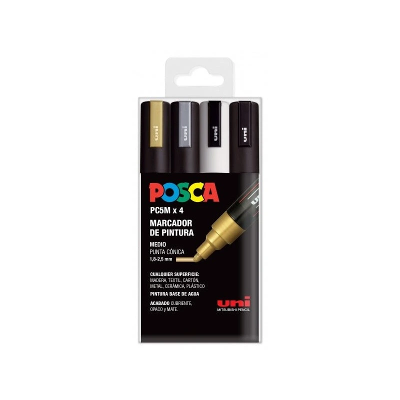 Posca PC-5M Pacote de 4 marcadores de tinta - Ponta de bala 1,8-2,5 mm - Tinta à base de água - Não permanente - Resistente à