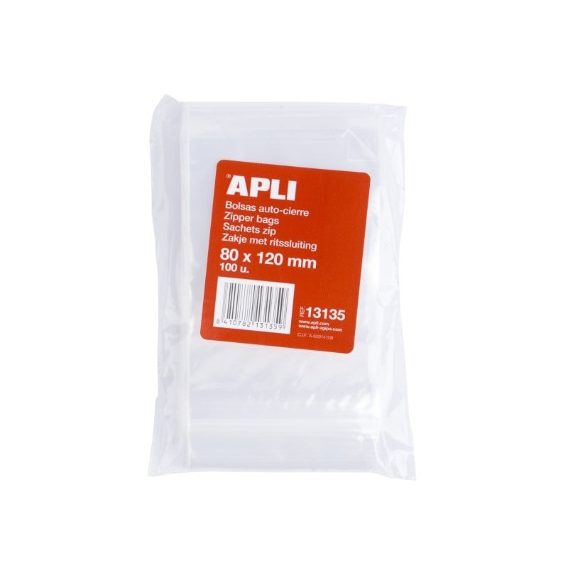 Apli Pack de 100 Bolsas Autocierre 80x120mm - Cierre Seguro - Aptas para Alimentos