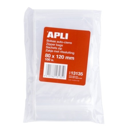 Apli Pack de 100 Bolsas Autocierre 80x120mm - Cierre Seguro - Aptas para Alimentos