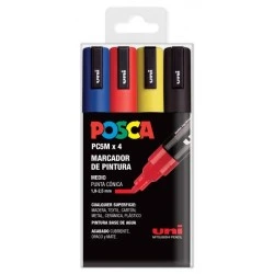 Posca PC-5M Pack de 4 Marcadores de Pintura - Punta de Bala 1.8-2.5mm - Tinta Base al Agua - No Permanente - Resistente a la