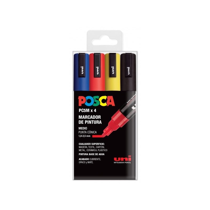 Posca PC-5M Pack de 4 Marcadores de Pintura - Punta de Bala 1.8-2.5mm - Tinta Base al Agua - No Permanente - Resistente a la