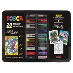 Valise Posca en métal avec 20 marqueurs peinture - Couleurs et traits assortis - Pointe polyester - Encre pigmentée à base