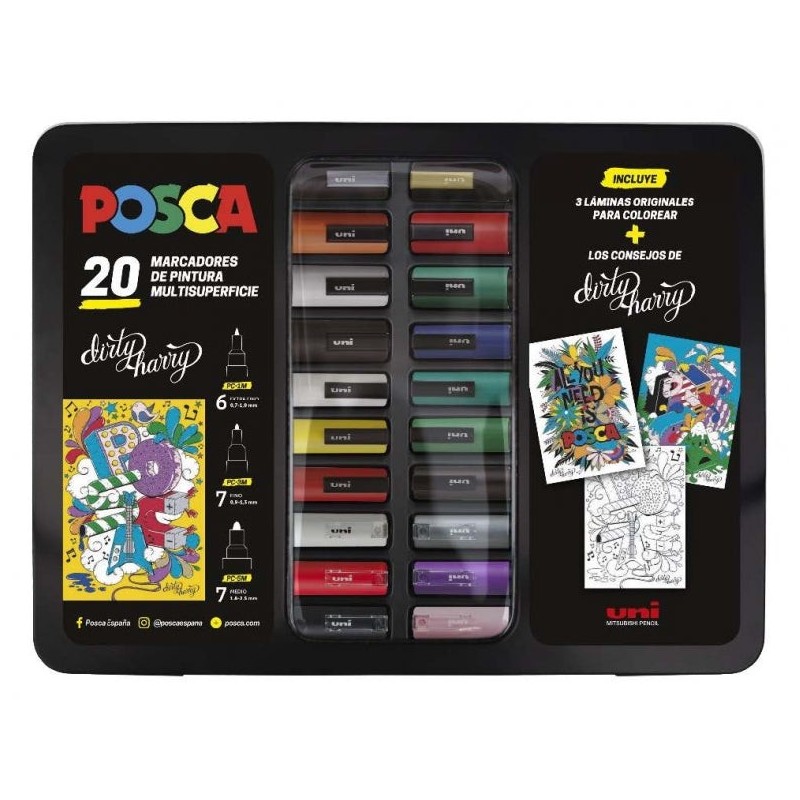 Mala de Metal Posca com 20 Marcadores de Tinta - Cores e Linhas Sortidas - Ponta de Poliéster - Tinta Pigmentada à Base de Água