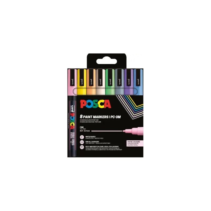 Posca PC3M Pack de 8 Marcadores de Pintura - Punta Conica 0.9-1.3mm - Tinta Base al Agua - Resistente a la Luz - Ideal para
