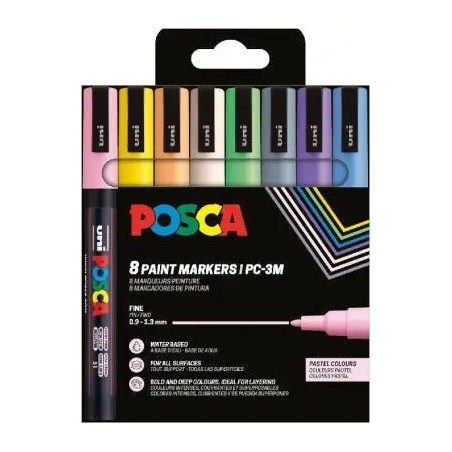 Posca PC3M Pack de 8 Marcadores de Pintura - Punta Conica 0.9-1.3mm - Tinta Base al Agua - Resistente a la Luz - Ideal para