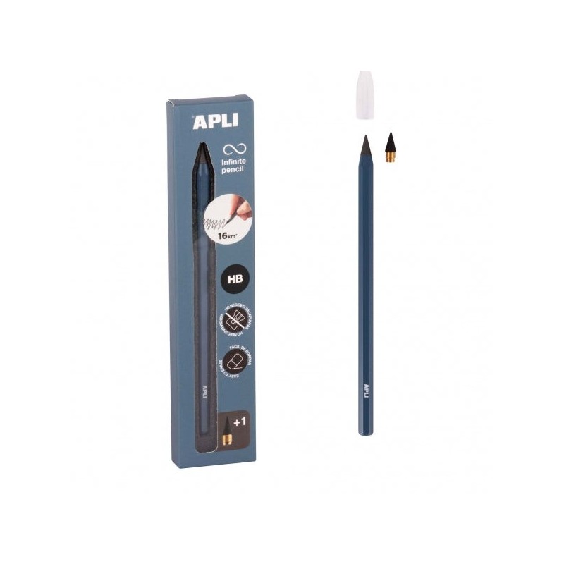 Apli Infinite Pencil Pack de Lápis HB Infinite + Mina de Reposição + Tampa Protetora - Para Escrever até 16km - Cor Azul