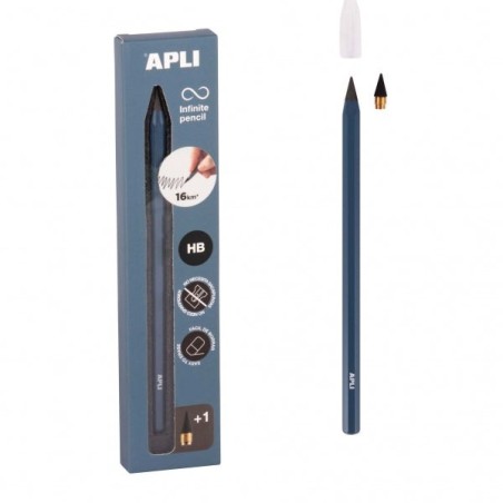 Apli Infinite Pencil Pack de Lápis HB Infinite + Mina de Reposição + Tampa Protetora - Para Escrever até 16km - Cor Azul