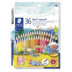 Staedtler Noris Aquarell Pack de 36 Lapices Hexagonales de Colores + Pincel - Refuerzo de Mina para Mayor Resistencia a la