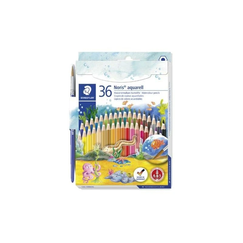 Staedtler Noris Aquarell Pack of 36 Hexagonal Colored Pencils + Brush - Lead Reinforcement for Greater Resistance to Breakage