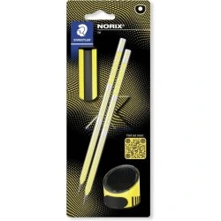 Staedtler Norix Pack de 2 crayons graphite HB + gomme + taille-crayon - Bois noir - Design intelligent