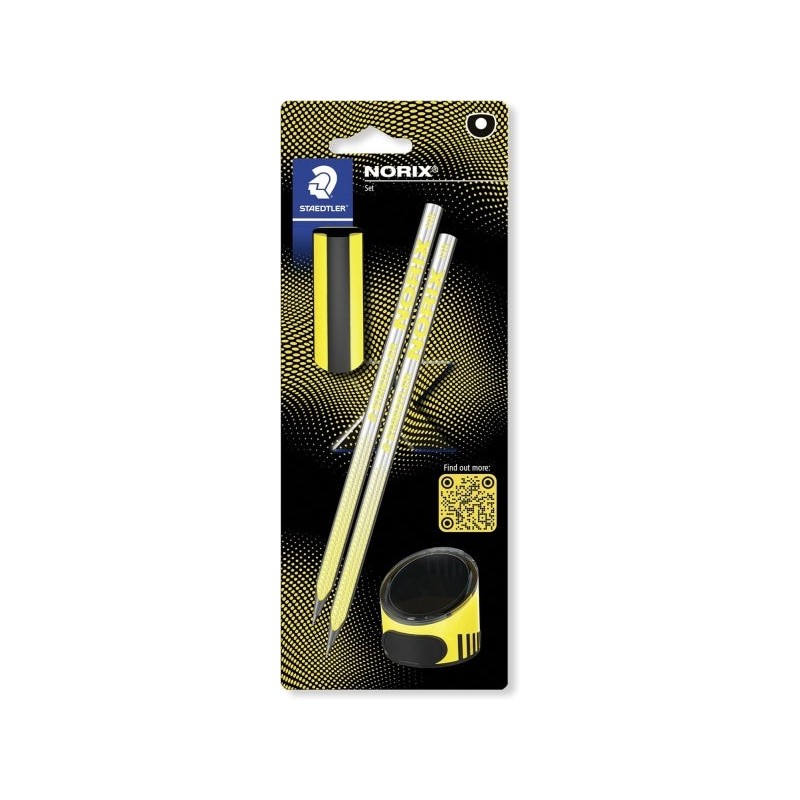 Staedtler Norix Pack de 2 crayons graphite HB + gomme + taille-crayon - Bois noir - Design intelligent