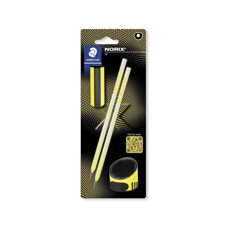Staedtler Norix Pack de 2 Lapices de Grafito HB + Borrador + Sacapuntas - Madera Negra - Diseño Inteligente