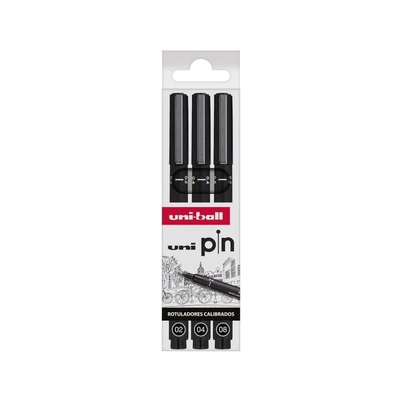 Uni-ball Uni Pin Pack de 3 Rotuladores Calibrados 0.2, 0.4, 0.8 - Punta Poliacetal - Tinta Pigmentada Resistente al Agua y Luz