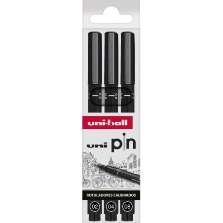 Uni-ball Uni Pin Pack de 3 Rotuladores Calibrados 0.2, 0.4, 0.8 - Punta Poliacetal - Tinta Pigmentada Resistente al Agua y Luz
