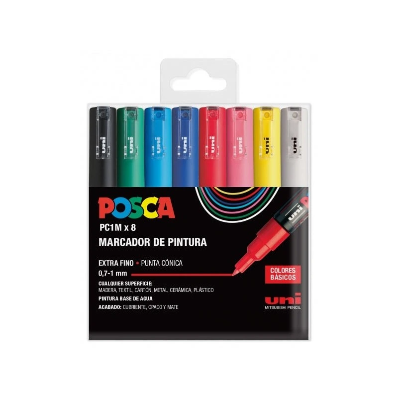 Posca PC1M Pack de 8 Marcadores de Tinta - Ponta Cónica 0.7mm - Tinta à Base de Água - Não Permanente - Resistente à Luz