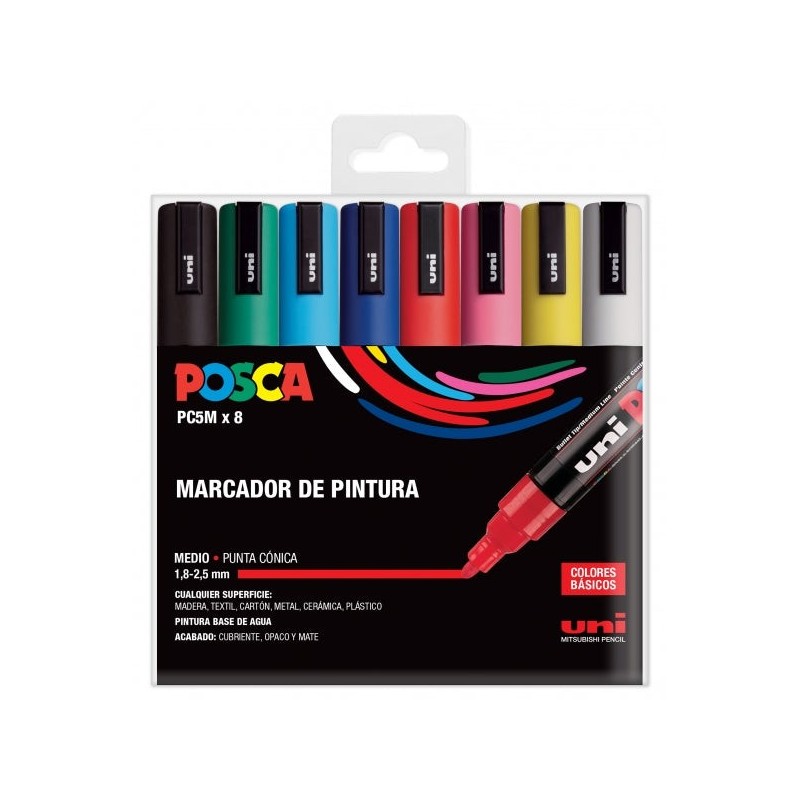 Posca PC-5M/8C Estuche de 8 Marcadores de Pintura - Punta de Poliester 1.8-2.5mm - Tinta Base al Agua - Resistente a la Luz