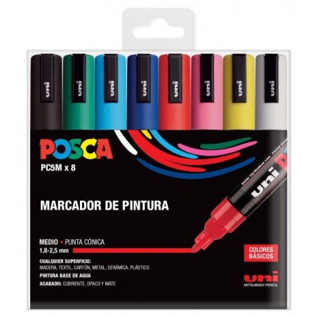 Posca PC-5M/8C Estuche de 8 Marcadores de Pintura - Punta de Poliester 1.8-2.5mm - Tinta Base al Agua - Resistente a la Luz