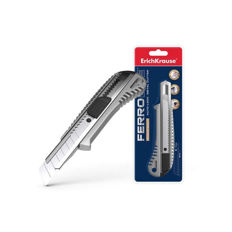 Erichkrause Metallic Cuter with Automatic Fixator - Self-Locking Blade Retention System - Built-in Splitter - Silver Color