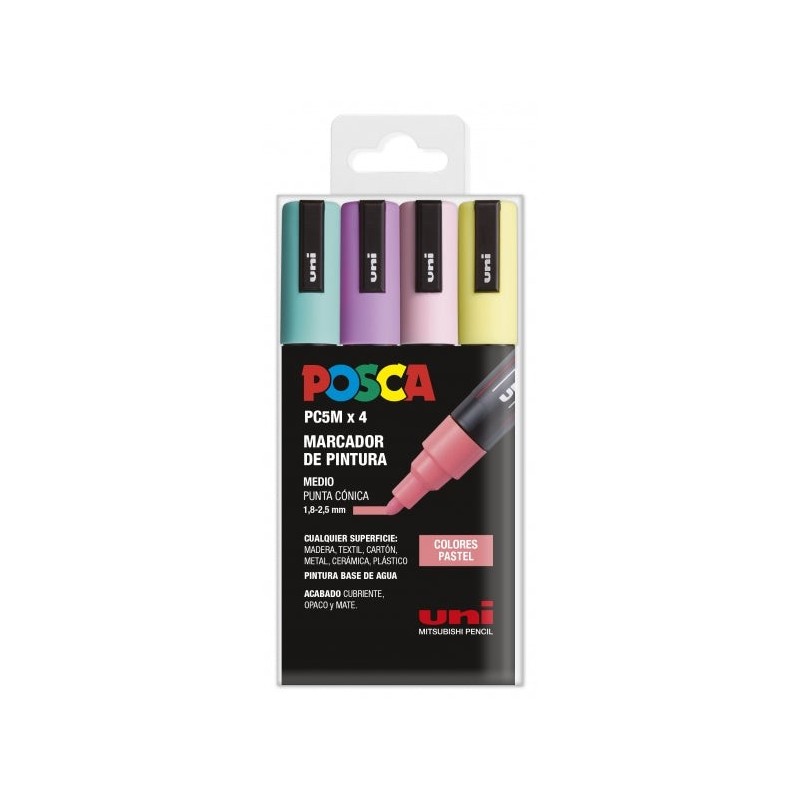 Posca PC-5M Lot de 4 marqueurs peinture - Pointe ogive 1,8-2,5 mm - Encre à base d'eau - Non permanent - Résistant à la lumière