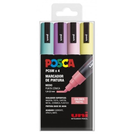 Posca PC-5M Lot de 4 marqueurs peinture - Pointe ogive 1,8-2,5 mm - Encre à base d'eau - Non permanent - Résistant à la lumière