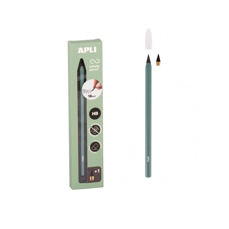 Apli Infinite Pencil Pack de Lápis HB Infinite + Mina de Reposição + Tampa Protetora - Para Escrever até 16km - Cor Verde