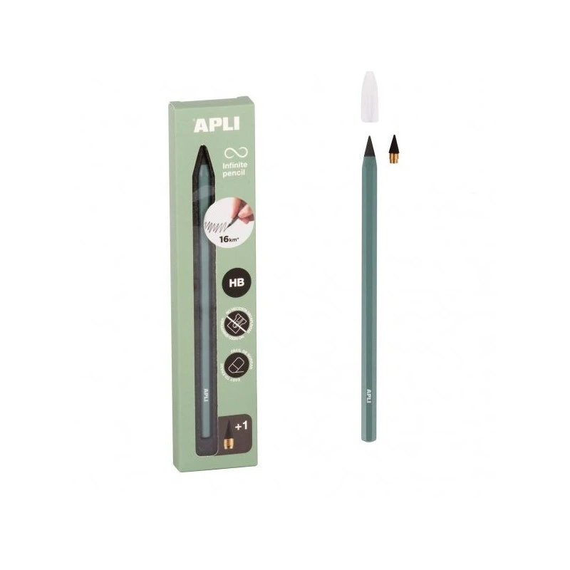 Apli Infinite Pencil Pack de Lapiz Infinito HB + Mina de Recambio + Tapon Protector - Para Escribir hasta 16km - Color Verde