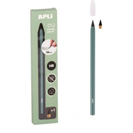 Apli Infinite Pencil Pack of HB Infinite Pencil + Replacement Lead + Protective Cap - For Writing up to 16km - Green Color