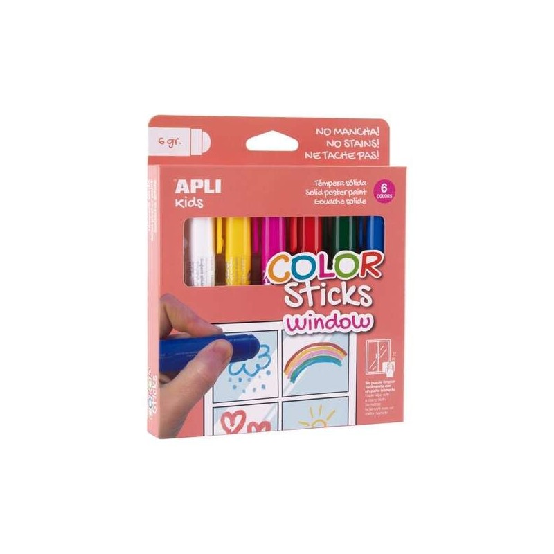 Apli Kids Color Sticks Window Pack 6 Têmperas Sólidas 6gr - Especial para Desenho e Pintura em Vidro - Fácil Limpeza - Cores