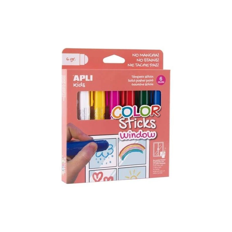 Apli Kids Color Sticks Window Pack 6 Temperas Solidas 6gr - Especiales para Dibujar y Pintar sobre Cristales - Facil Limpieza