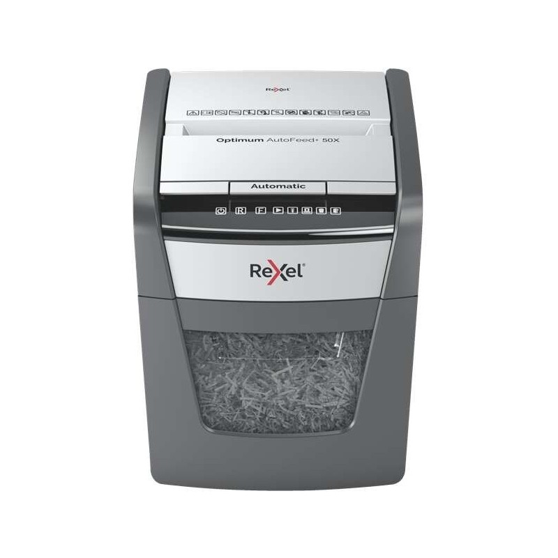 Rexel Optimum AutoFeed 50X Destructora Automatica de Corte en Particulas P-4 - Alimentacion Automatica 50 hojas y Ranura Manual