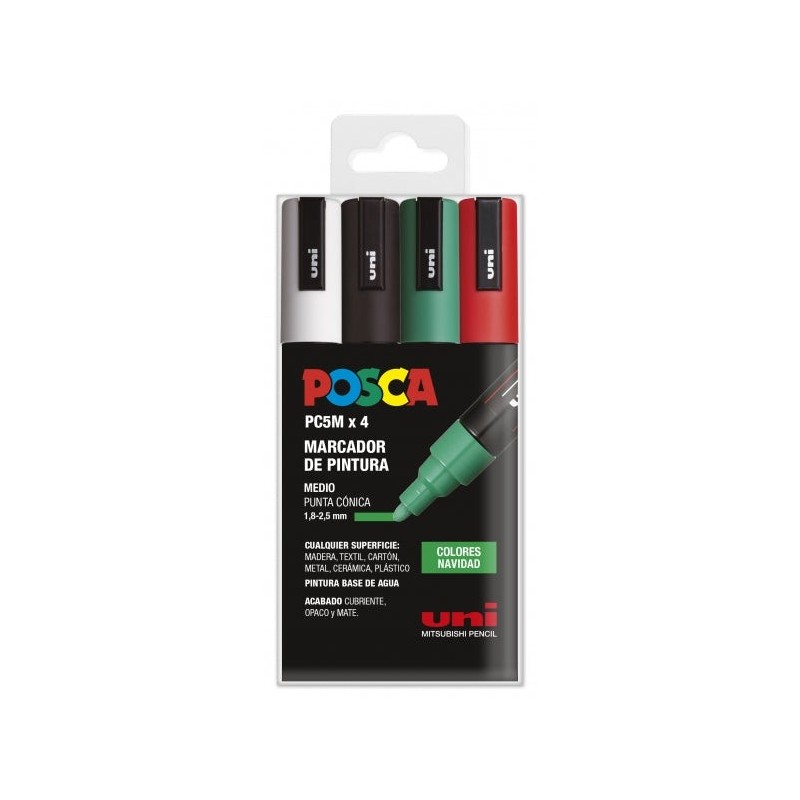 Posca PC-5M Estuche de 4 Marcadores de Pintura - Punta de Bala 1.8-2.5mm - Tinta Base al Agua - Resistente a la Luz - Color