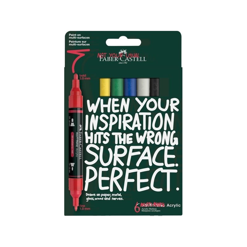 Faber-Castell Multimark Acrylic Pack with 6 Double Tip Acrylic Markers - 1mm and 3mm Round Tips - Water-Based Acrylic Ink