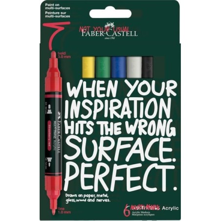 Pacote Acrílico Multimarcas Faber-Castell com 6 Marcadores Acrílicos Ponta Dupla - Pontas Redondas de 1mm e 3mm - Tinta
