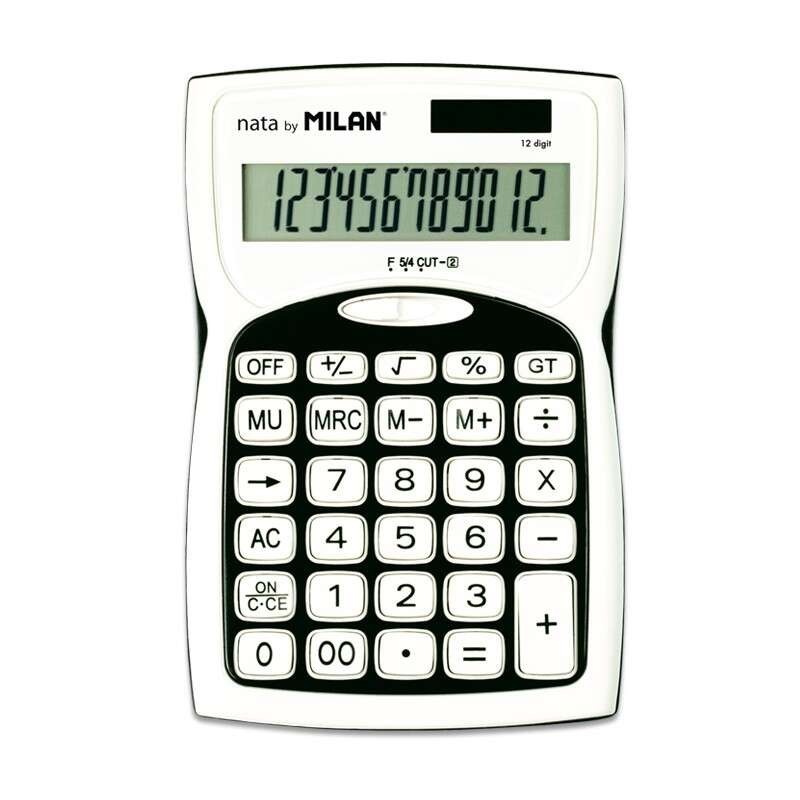 Calculadoras Milan de 12 dígitos - 3 teclas de memória - Raiz quadrada - Cálculo de margem - Tecla desligada - Cor preto e