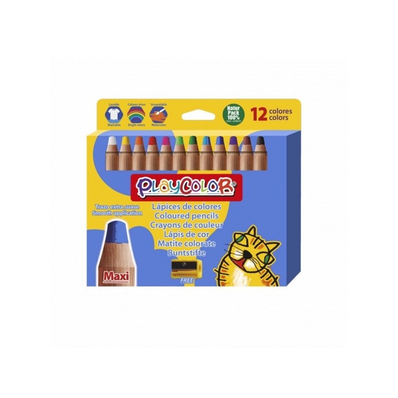 PlayColor Pack de 12 Lapices de Colores de Punta Gruesa + Sacapuntas - Trazo Extrasuave - Apto para Papel, Carton, Vidrio