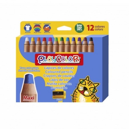 PlayColor Pack de 12 Lapices de Colores de Punta Gruesa + Sacapuntas - Trazo Extrasuave - Apto para Papel, Carton, Vidrio