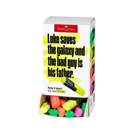 Faber-Castell TXTLNR Expositor con 60 Marcadores Fluorescentes - Punta Biselada - Trazo entre 1, 2 y 5 mm - Tinta con Base de